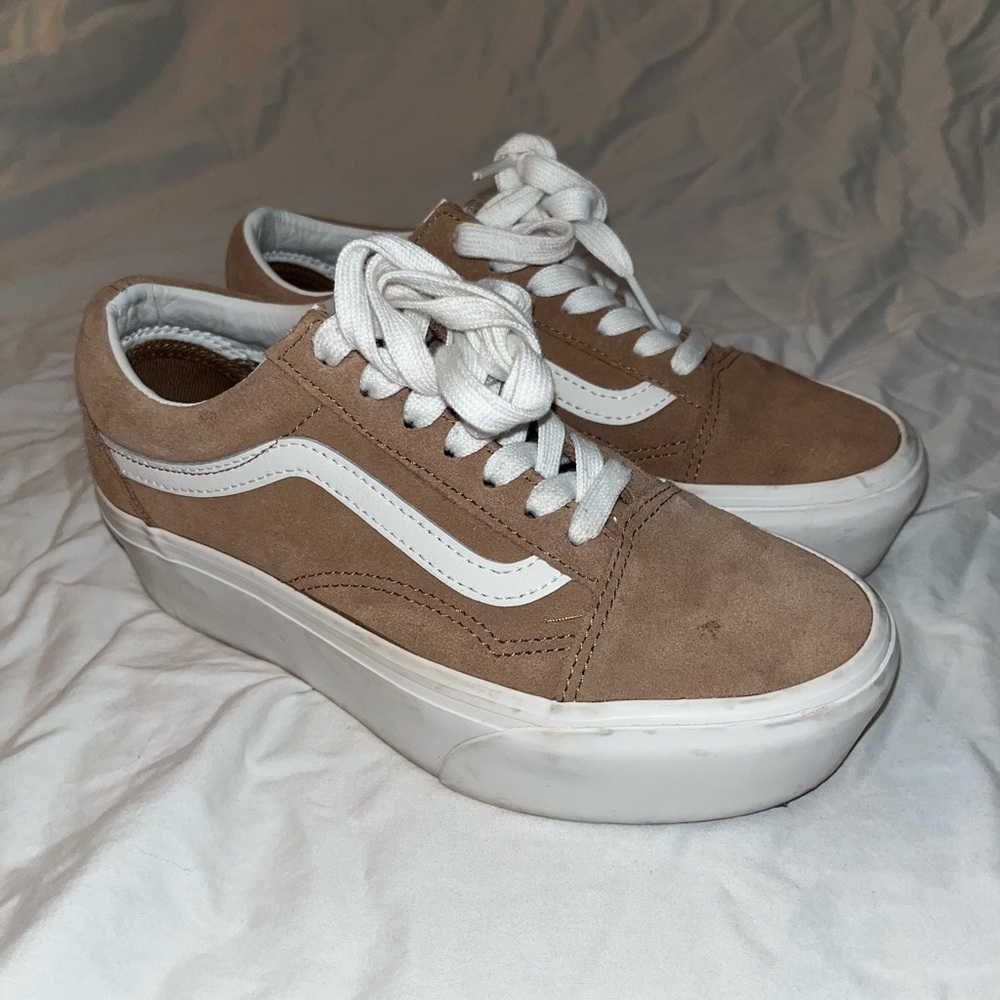 Vans Women's Suede Tan and White Platform Sneakers